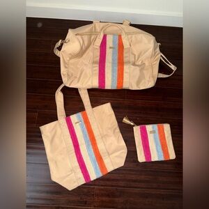 Packed Party Beige Tote & Travel Bag Set with Pink, Orange & Blue Stripes